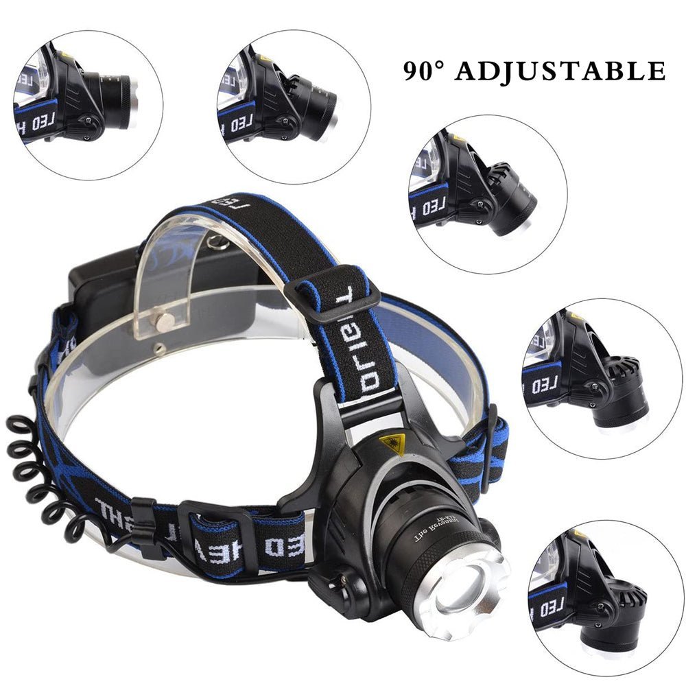 HikeWare TS waterproof rechargeable headlamp with adjustable strap and bright LED light for outdoor activities and nighttime use.