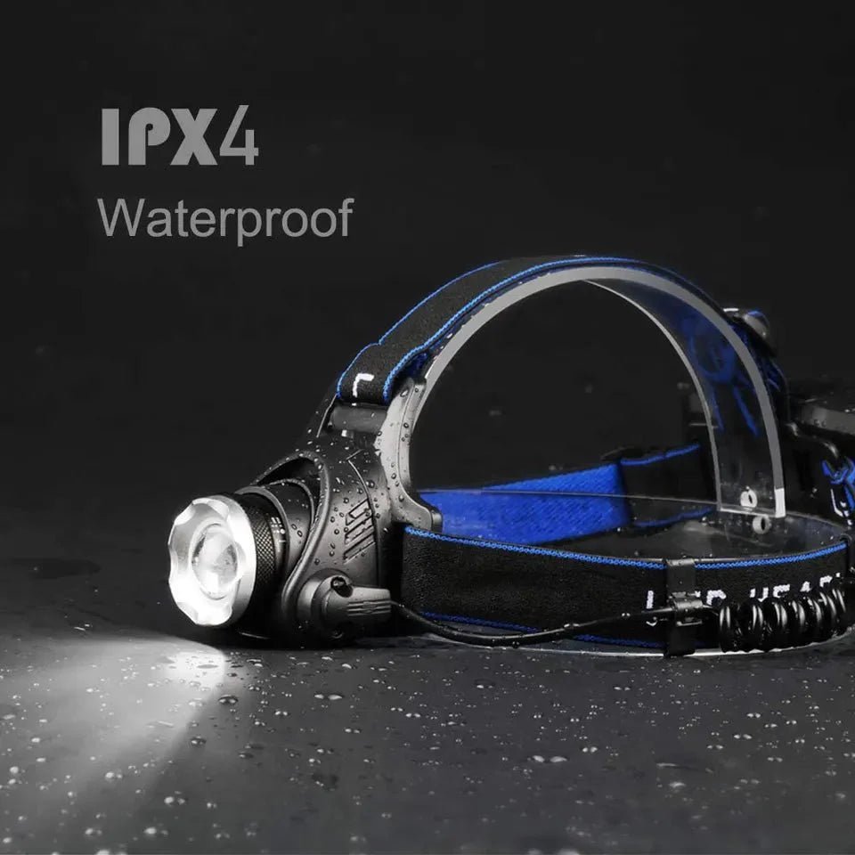 HikeWare TS Waterproof Rechargeable Headlamp with adjustable straps and bright LED light for outdoor activities.