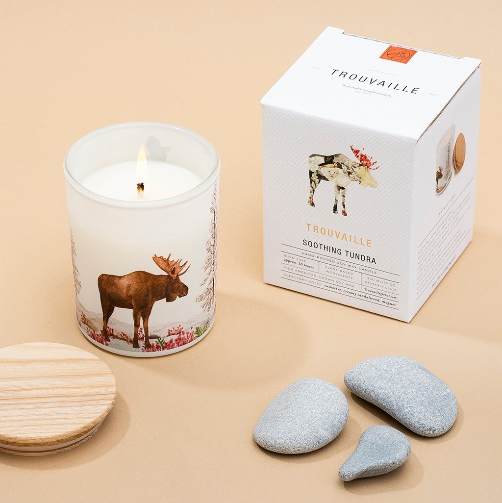 Trouvaille Tundra Soy Scented Candle in gift box with relaxing cashmere and sandalwood aroma, natural wax finish.