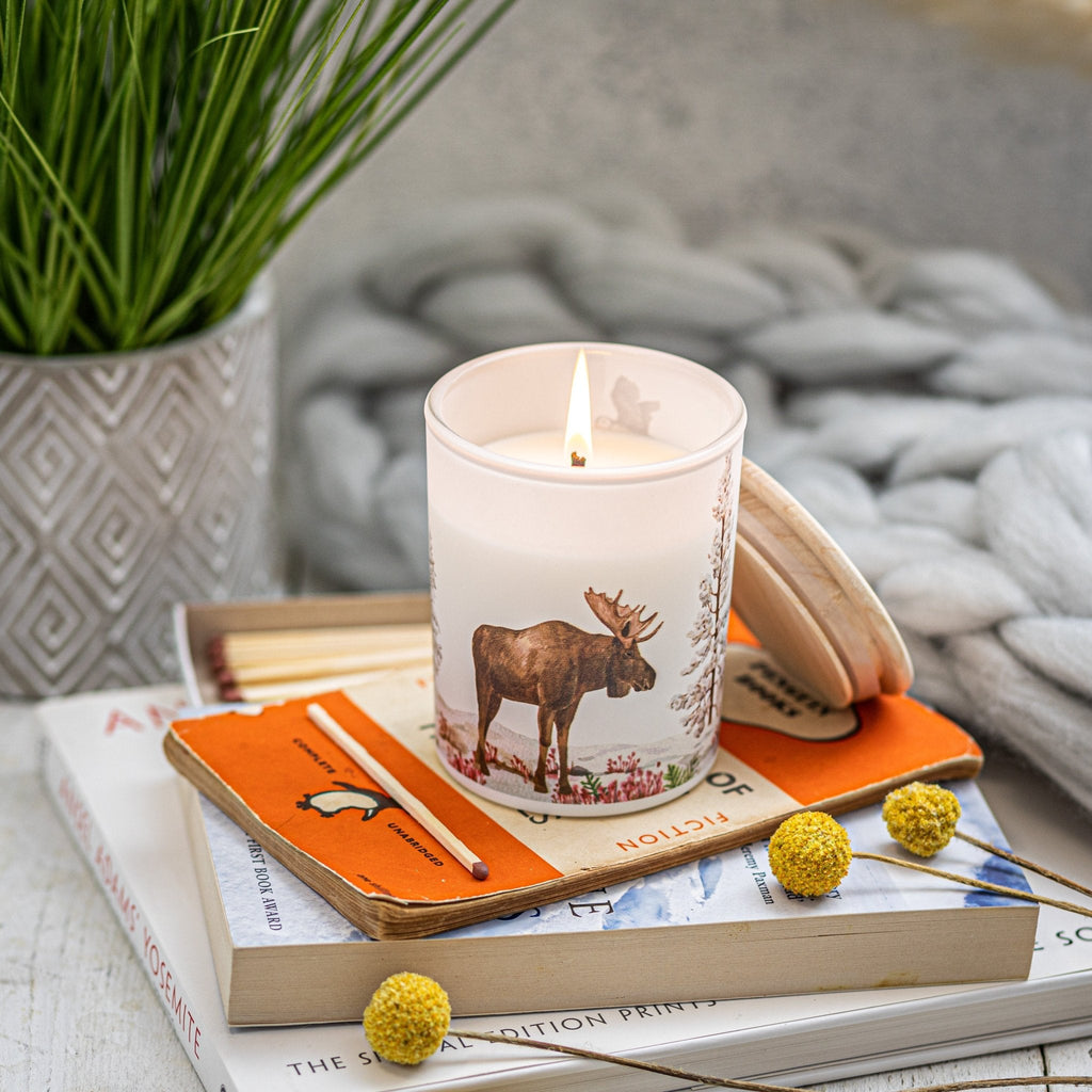 Trouvaille Tundra Soy Scented Candle with relaxing cashmere and sandalwood aroma, in a sleek glass container.
