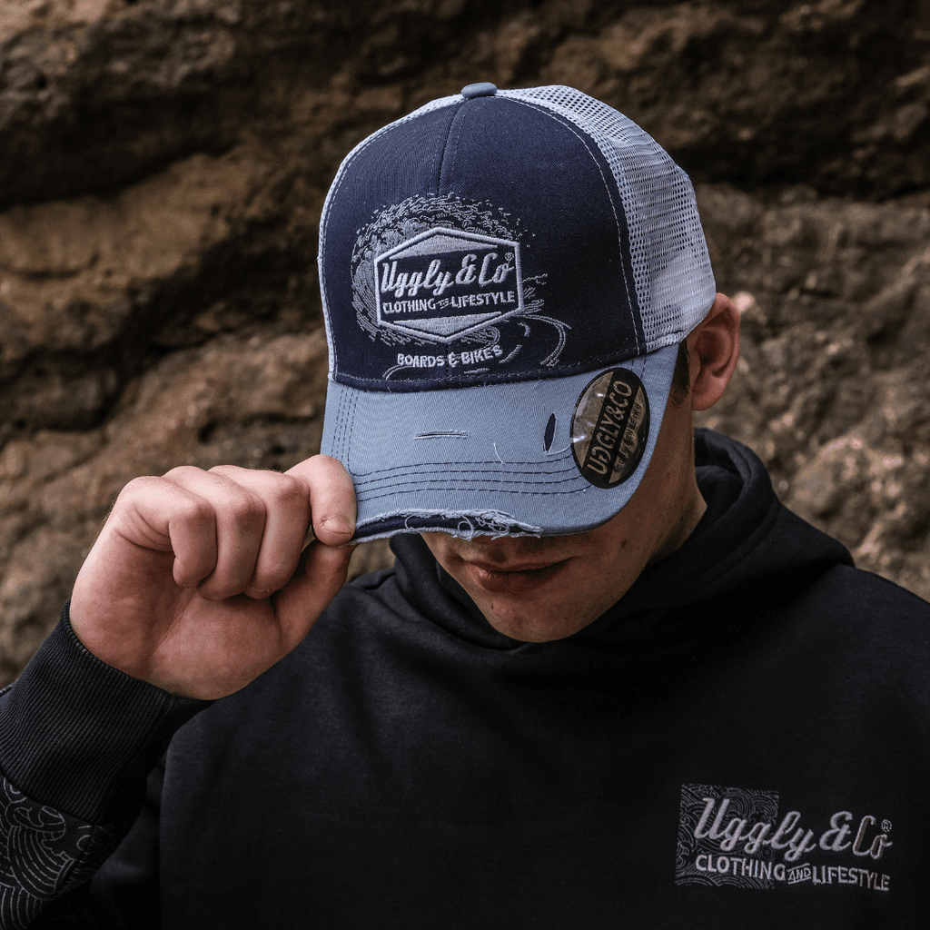 Blue Surf Diamond Trucker Cap by Uggly and Co, featuring a stylish diamond pattern and classic trucker hat design.