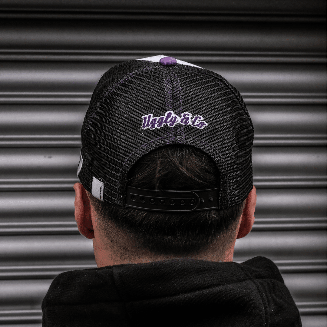 Purple Diamond Trucker Hat by Uggly and Co featuring JDM Racing branding, with a mesh back and adjustable strap.