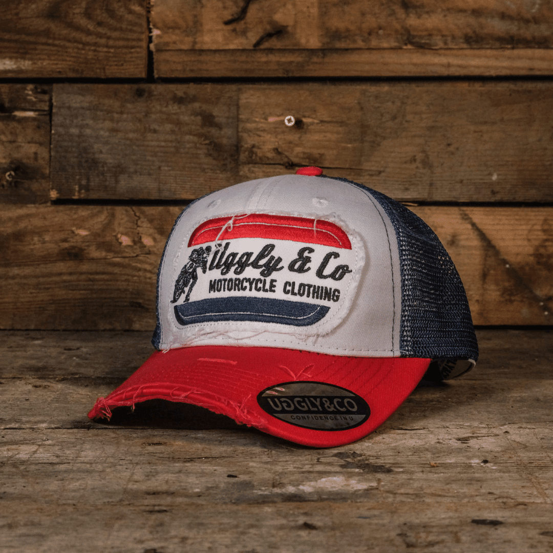 White & Red Flat Track Trucker Hat