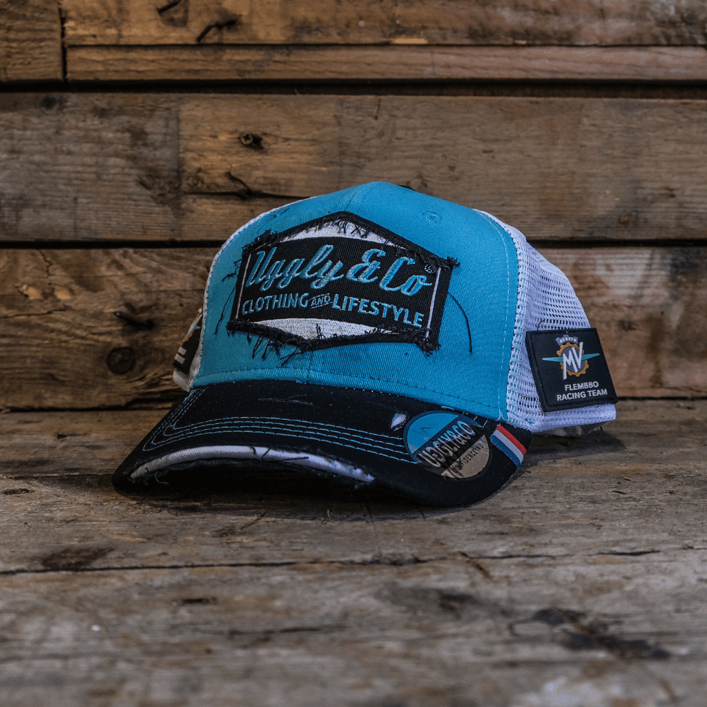 Uggly and Co Diamond Trucker Cap with Flembbo MV Agusta racing logo, featuring a classic mesh trucker hat design.