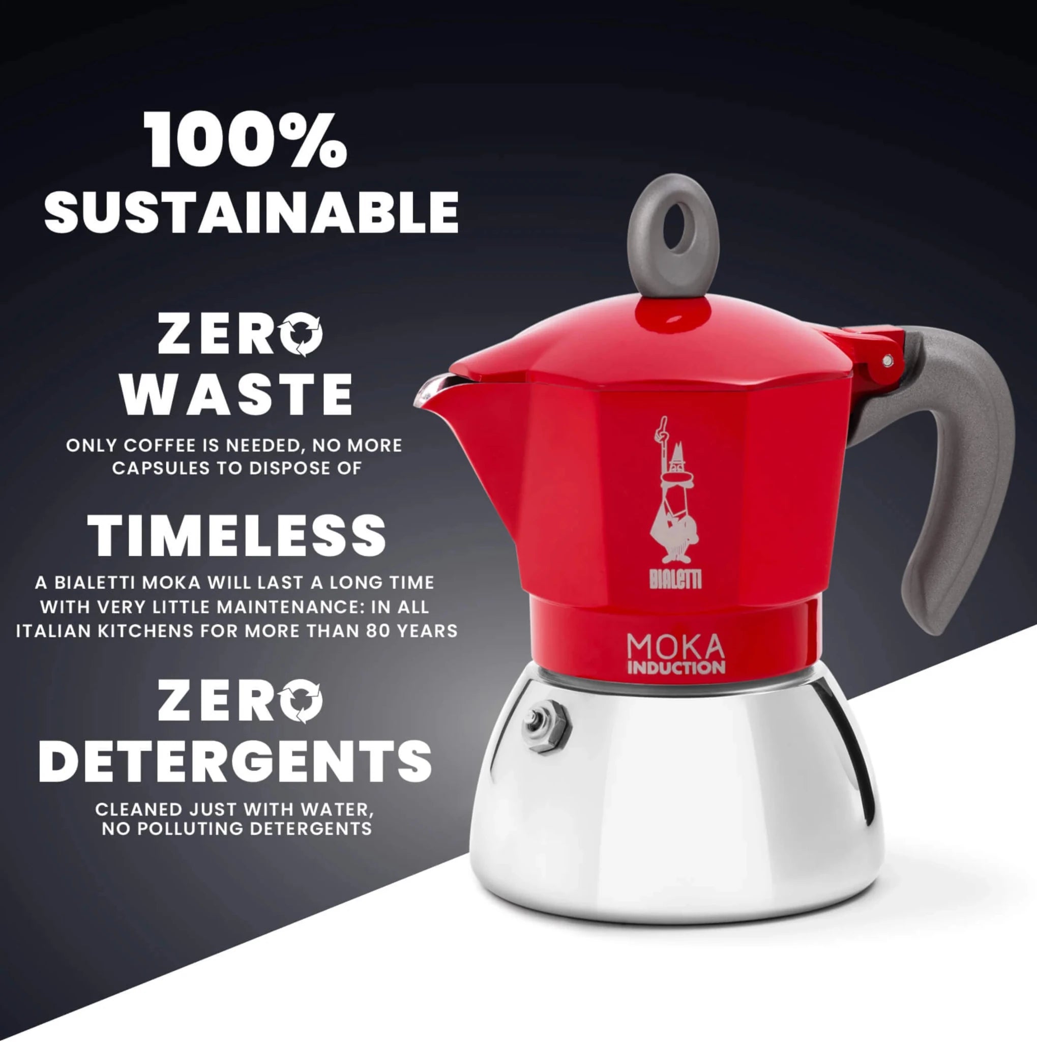 Red Bialetti Moka Induction stovetop coffee maker by Brew Italia, featuring a compact design and aluminum construction.