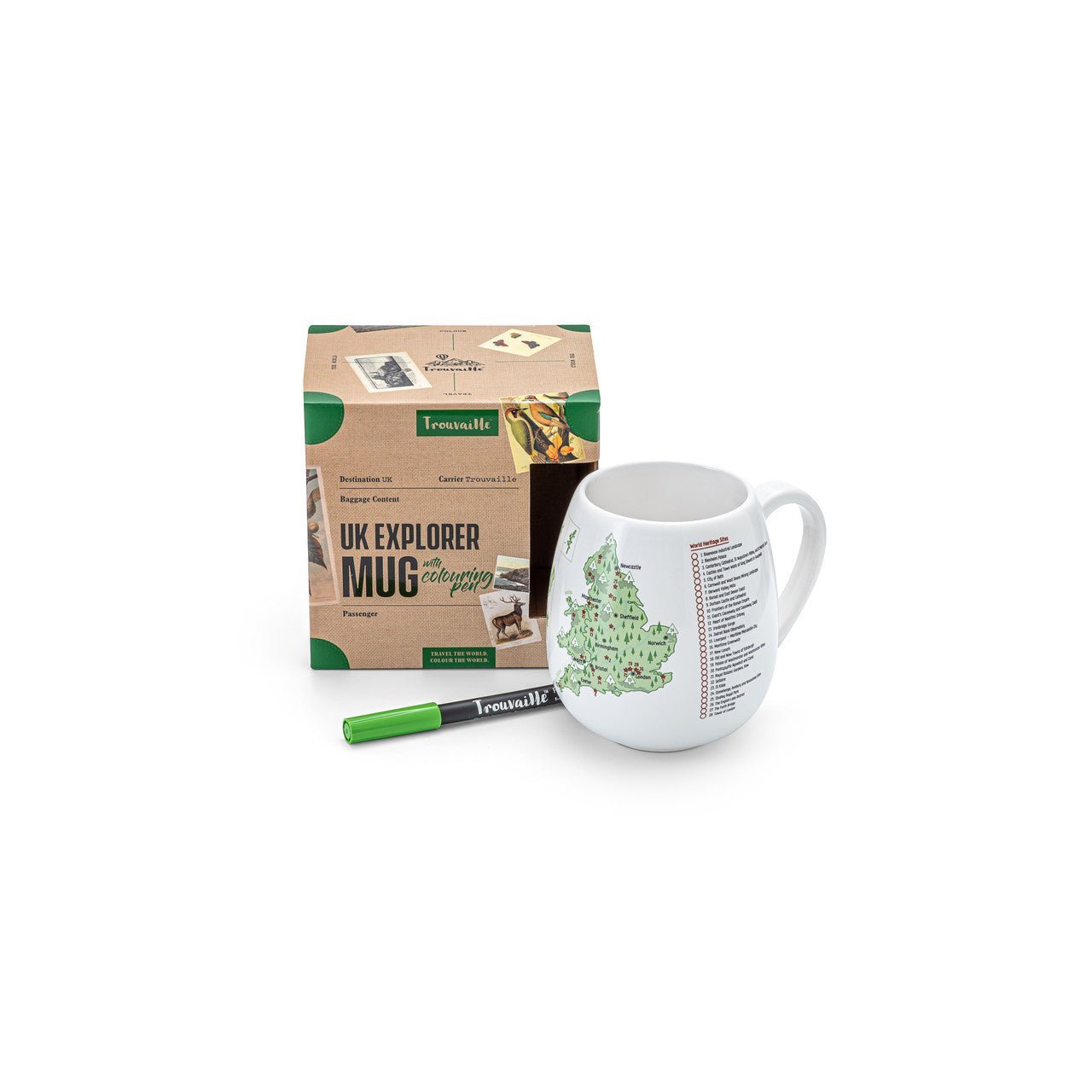 Trouvaille UK Explorer Colour-In Mug with ceramic pen, featuring a white ceramic mug ready to be decorated with colorful UK maps and symbols.