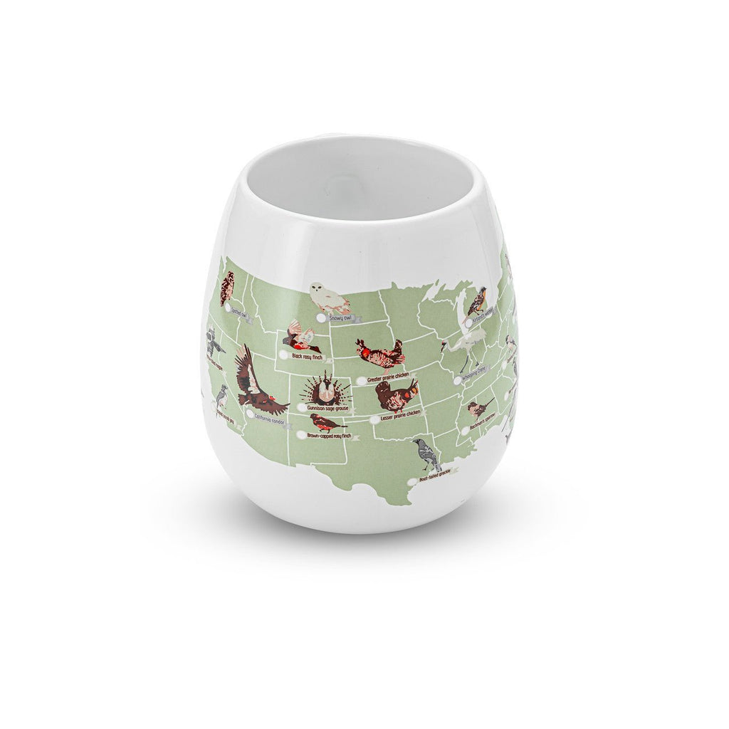 Trouvaille US Birder's Checklist Mug featuring a color-in bird map and checklist design, centered on the mug surface.