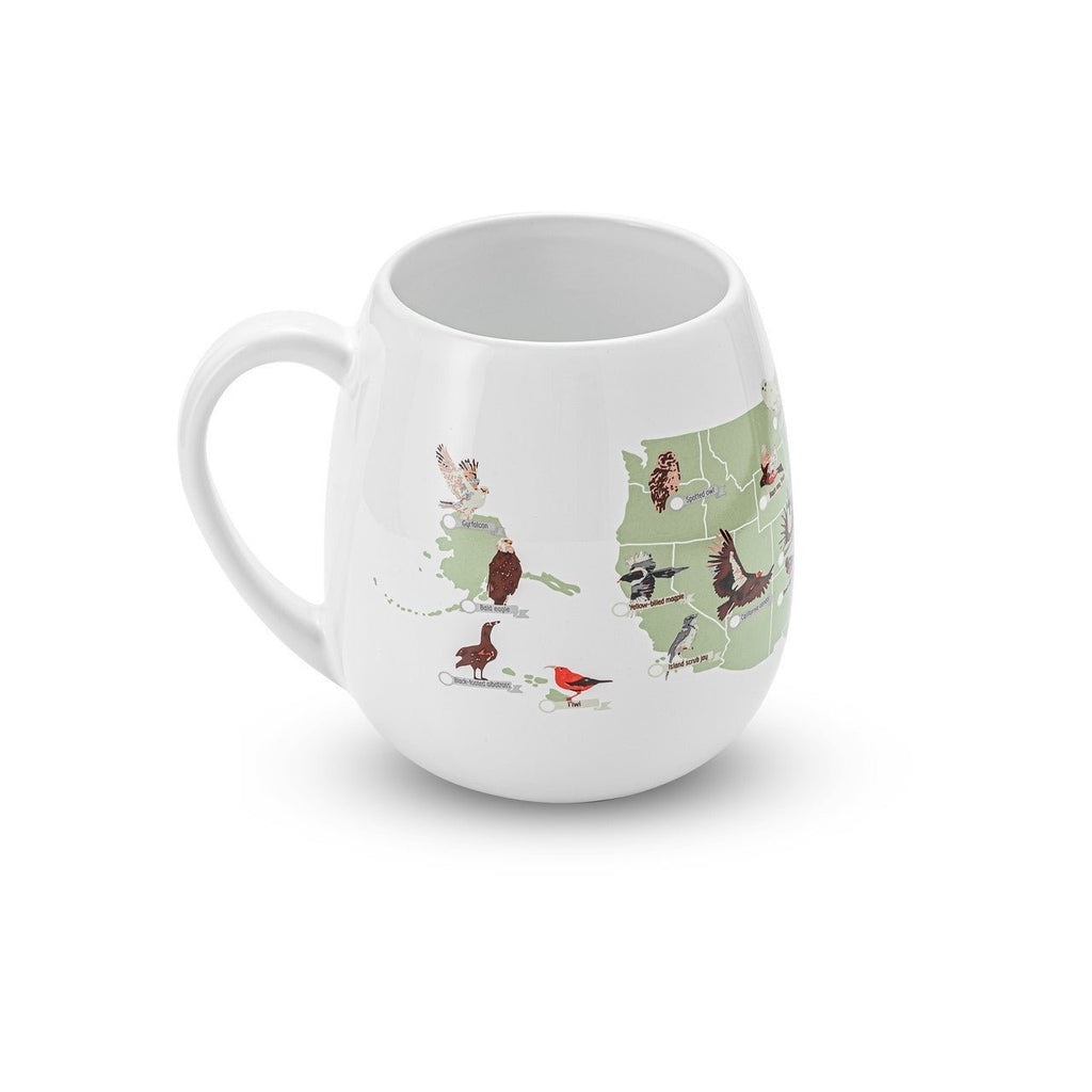 Trouvaille US Birder's Checklist Mug with bird map design, featuring a color-in surface and detailed bird checklist illustration.