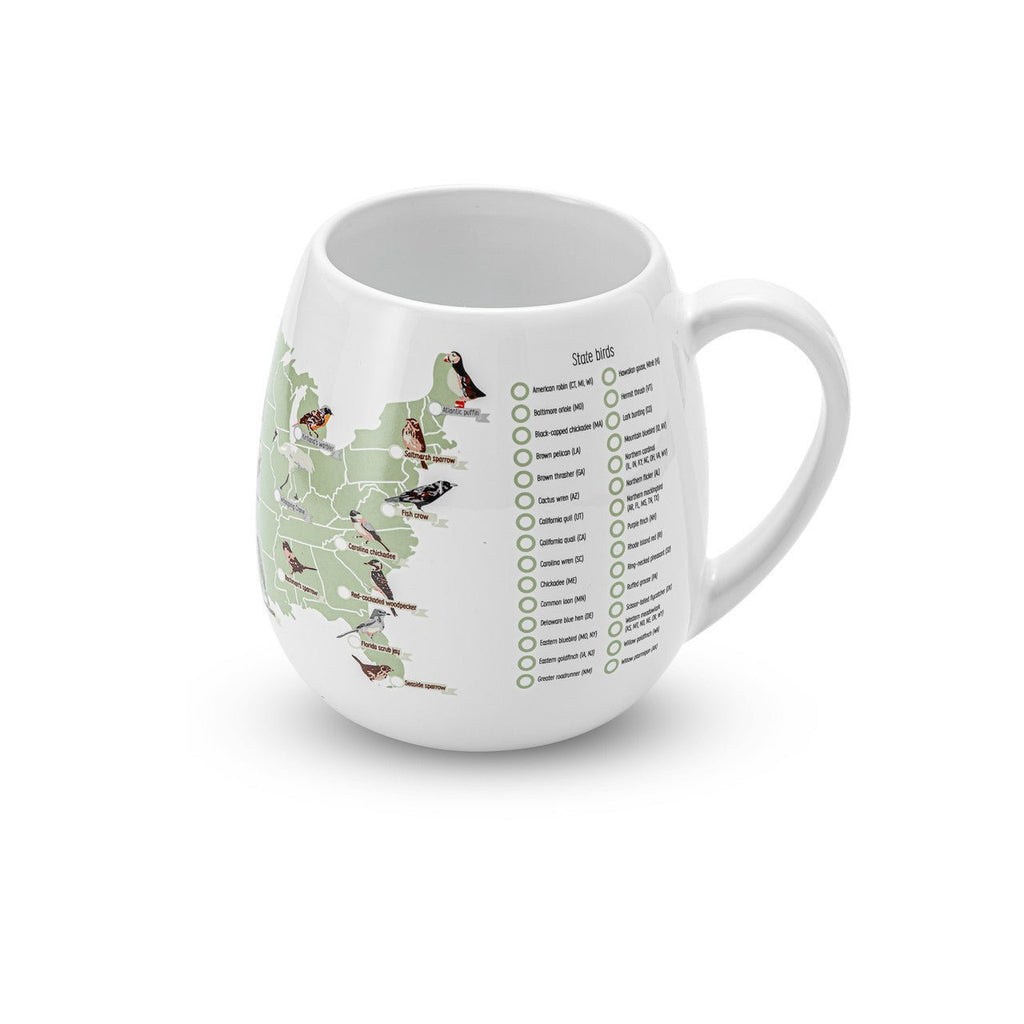 Trouvaille US Birder's Checklist Mug, color-in mug featuring a bird map and checklist with detailed bird illustrations.