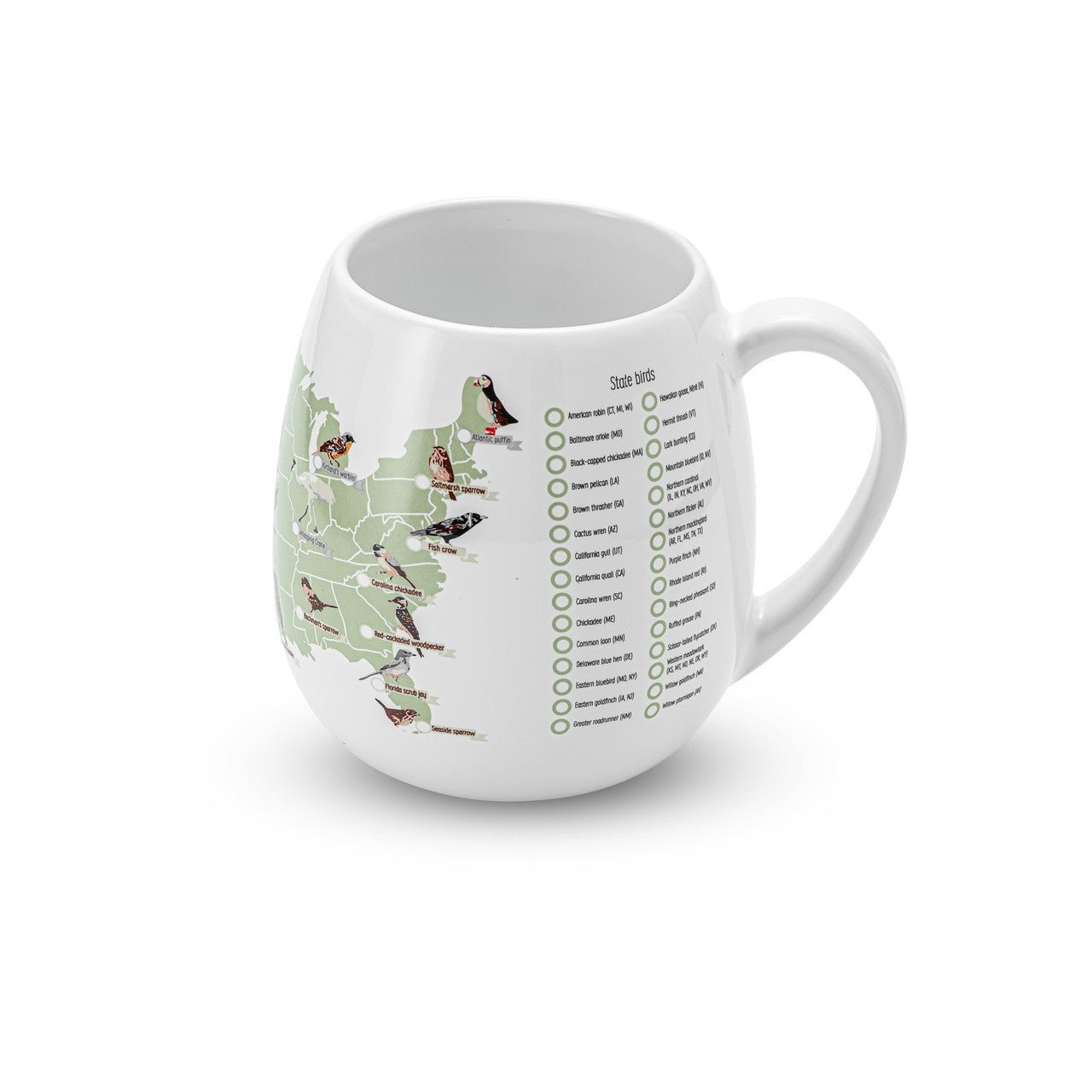 Trouvaille US Birder's Checklist Mug, color-in mug featuring a bird map and checklist with detailed bird illustrations.