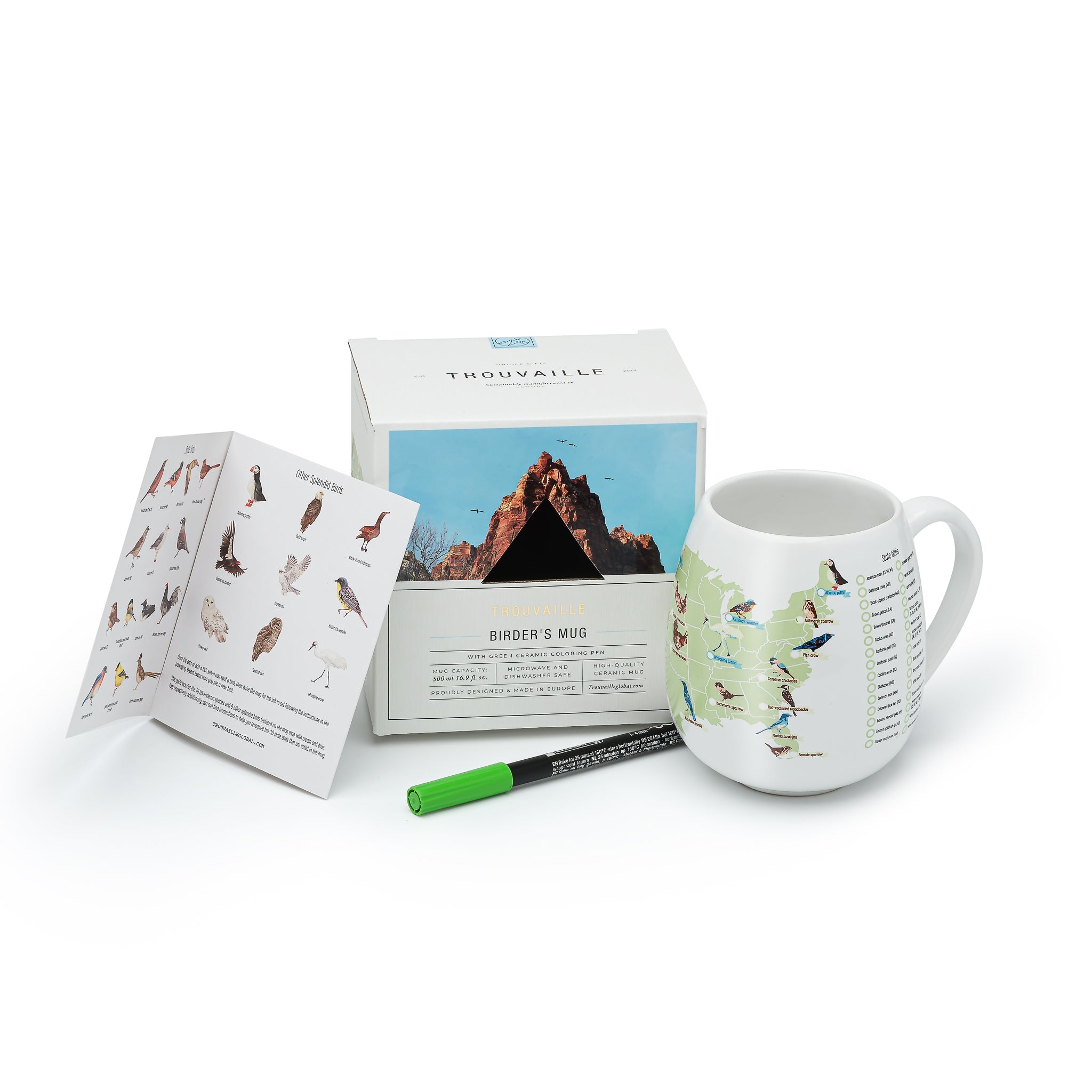 Trouvaille US Birder's Checklist Colour-in Mug with bird illustrations, eco-friendly packaging, perfect for birdwatching enthusiasts.