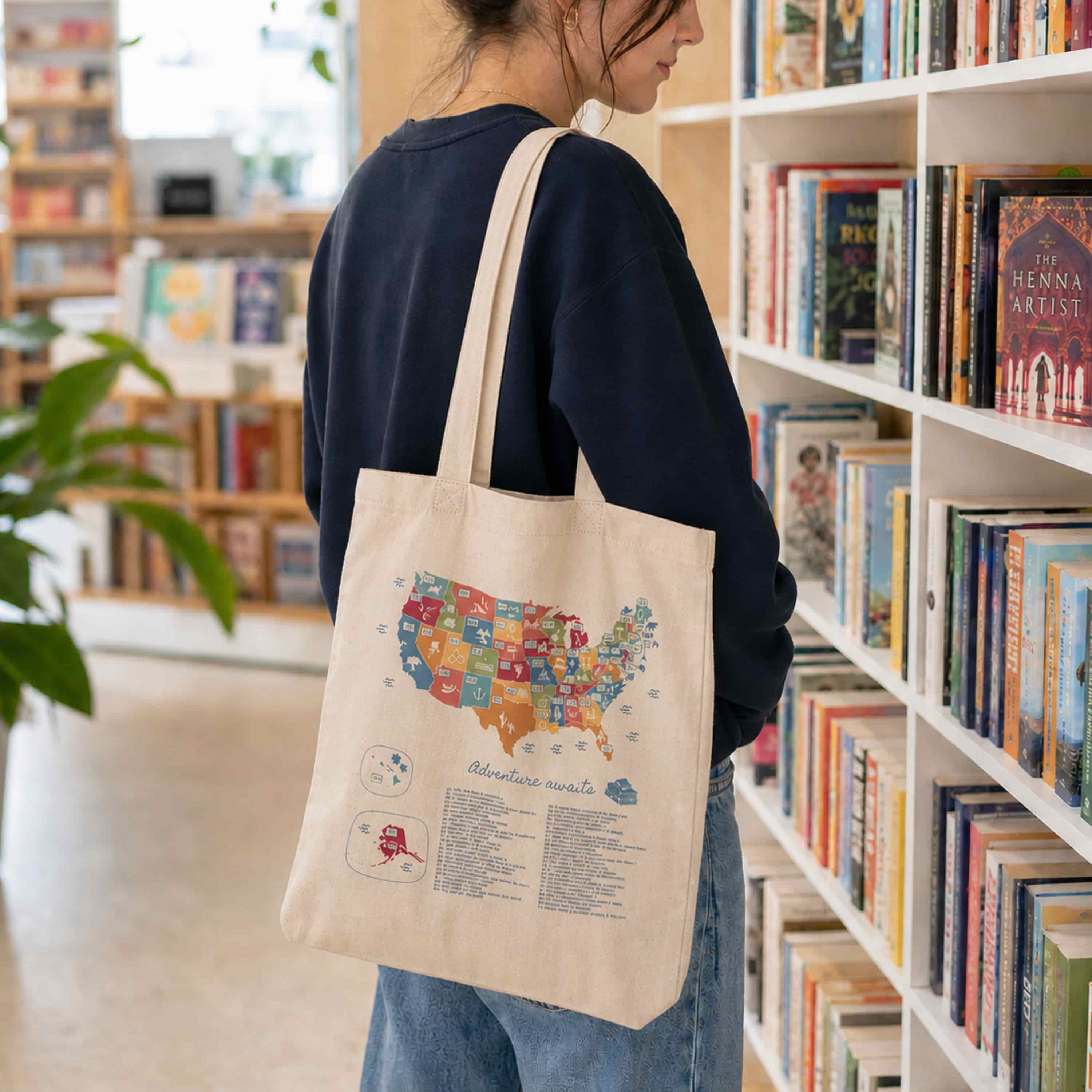 Trouvaille US Book Lover's Color-In Tote Bag with book and library-themed design on fabric, perfect for book enthusiasts.