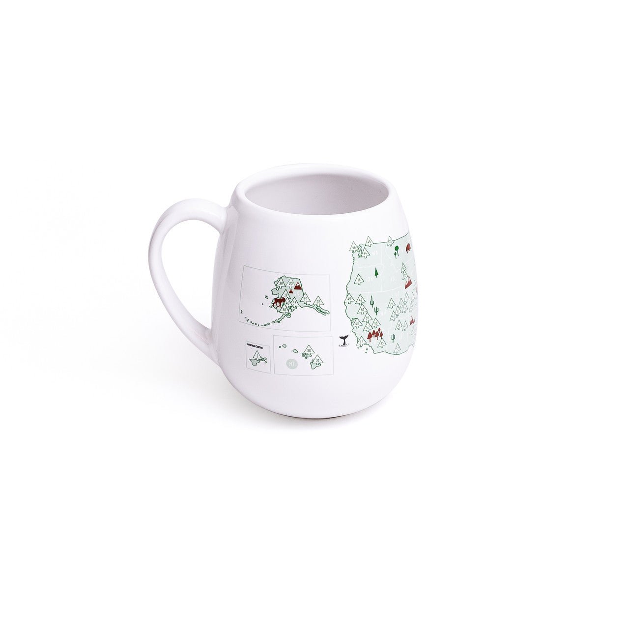 Trouvaille US National Parks color-in mug featuring detailed park illustrations and a white ceramic surface for coloring.