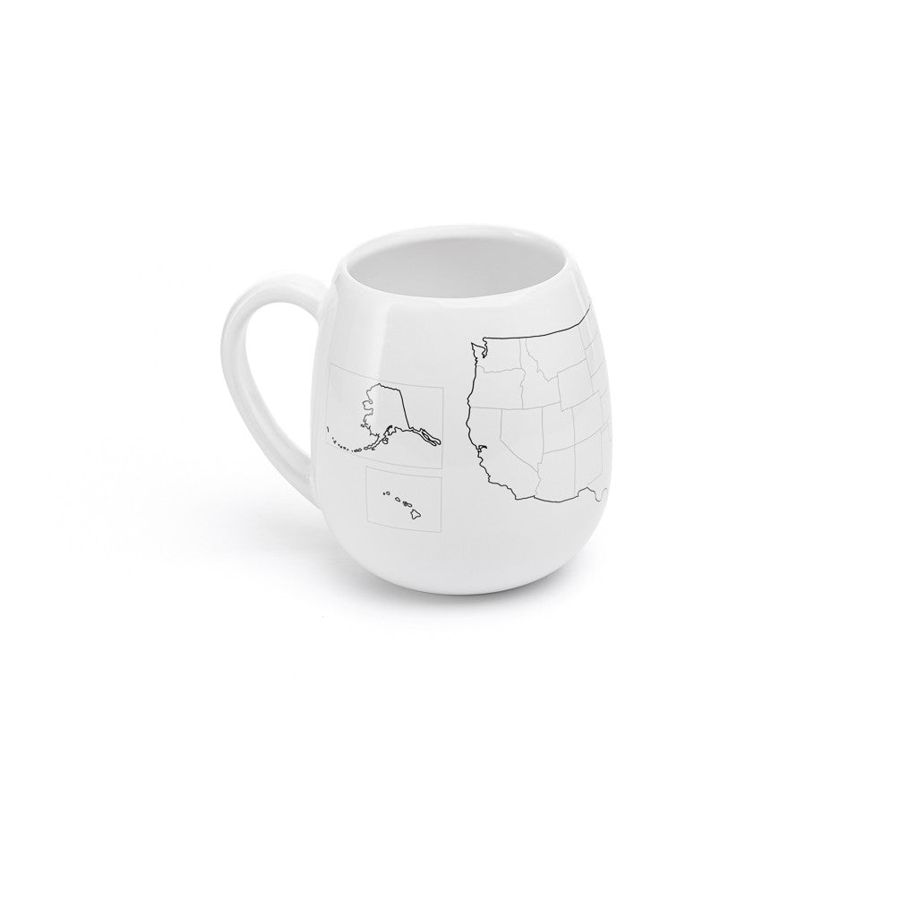 Trouvaille USA Map color-in travel mug with detailed map design on the left side, perfect for coloring and travel enthusiasts.