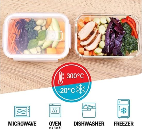 Set of five Igluu Meal Prep glass containers with steam vent lids, 840ml capacity, plus one extra lid for meal storage.