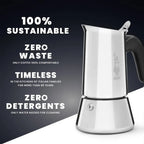 Bialetti Venus induction stovetop coffee maker with polished stainless steel finish and ergonomic handle.