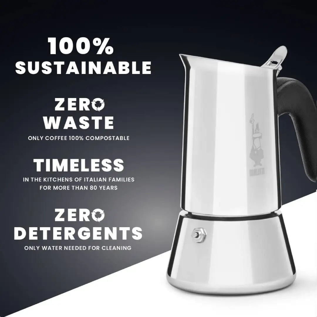 Bialetti Venus induction stovetop coffee maker with polished stainless steel finish and ergonomic handle.