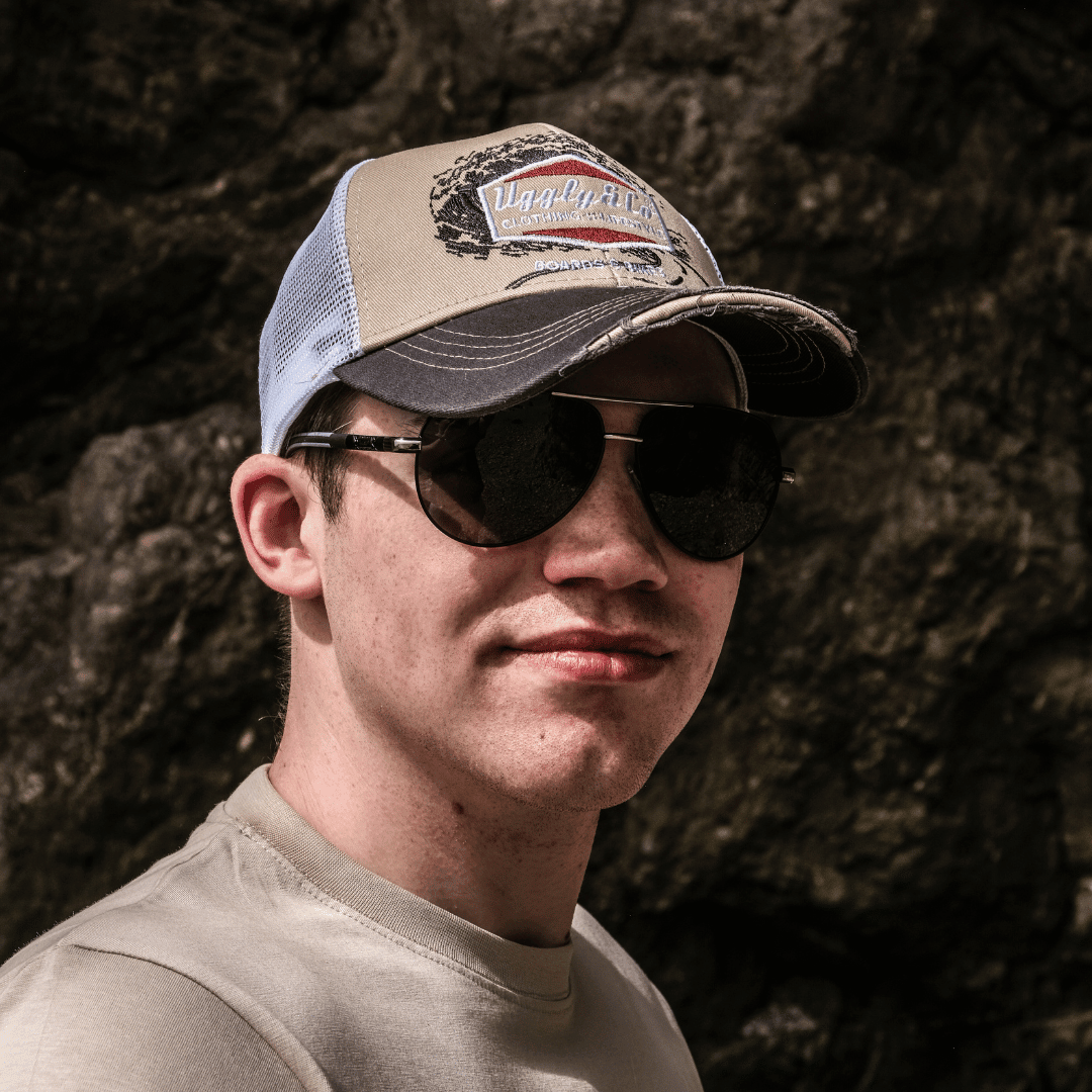 Beige surf diamond trucker hat by Uggly and Co featuring vintage men's style with mesh back and curved brim.