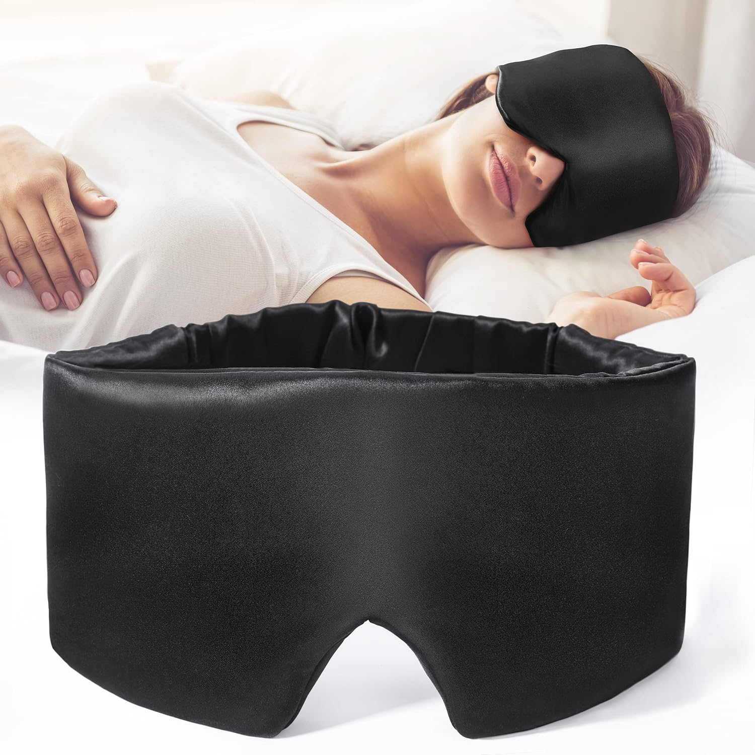DREAMSILK blackout silk sleep mask with soft, smooth fabric covering eyes for restful nighttime sleep and light blocking.