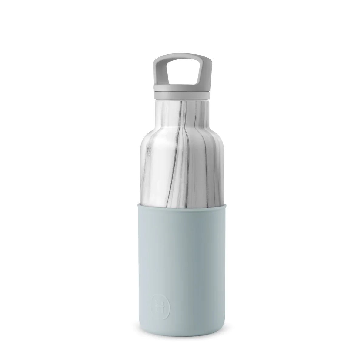 HYDY 16 oz vacuum insulated water bottle with white marble design, durable stainless steel, and leak-proof lid.
