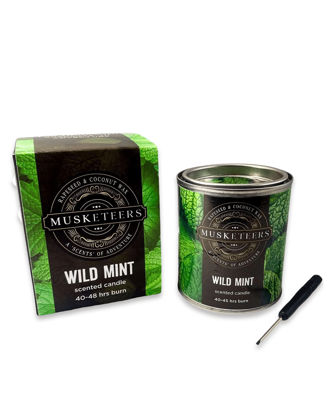Musketeers Wild Mint scented candle with fresh, masculine spa aroma in a clear glass jar.