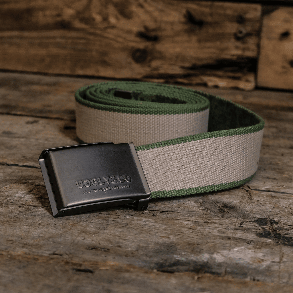 Green canvas utility belt for men by Uggly and Co, featuring multiple pockets and sturdy workwear design.