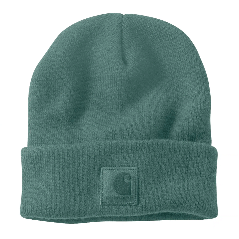 Carhartt 101070 Label Watch Beanie Hat, warm knit headwear by Workwear Nation Ltd with branded label detail
