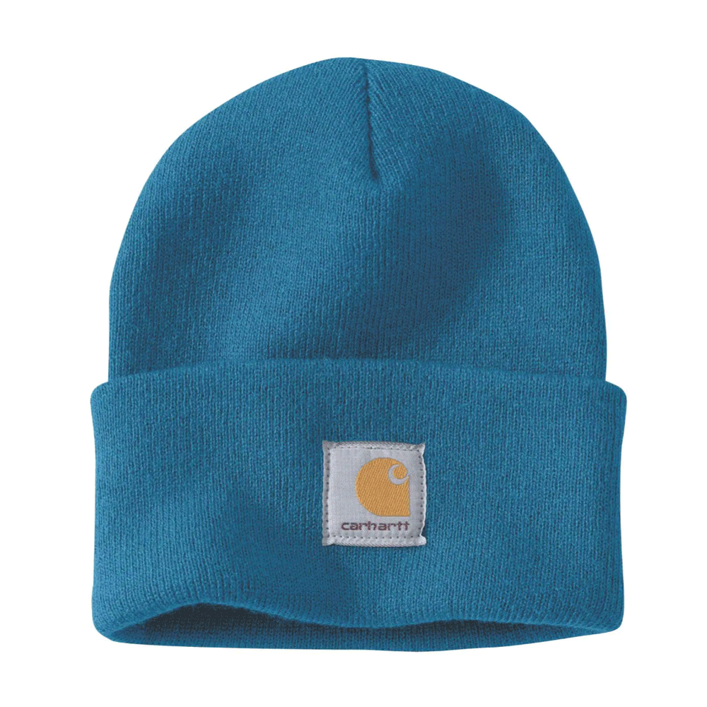 Black and white Carhartt A18 Watch knitted cuff beanie hat by Workwear Nation Ltd, cozy knit winter headwear with a branded logo.