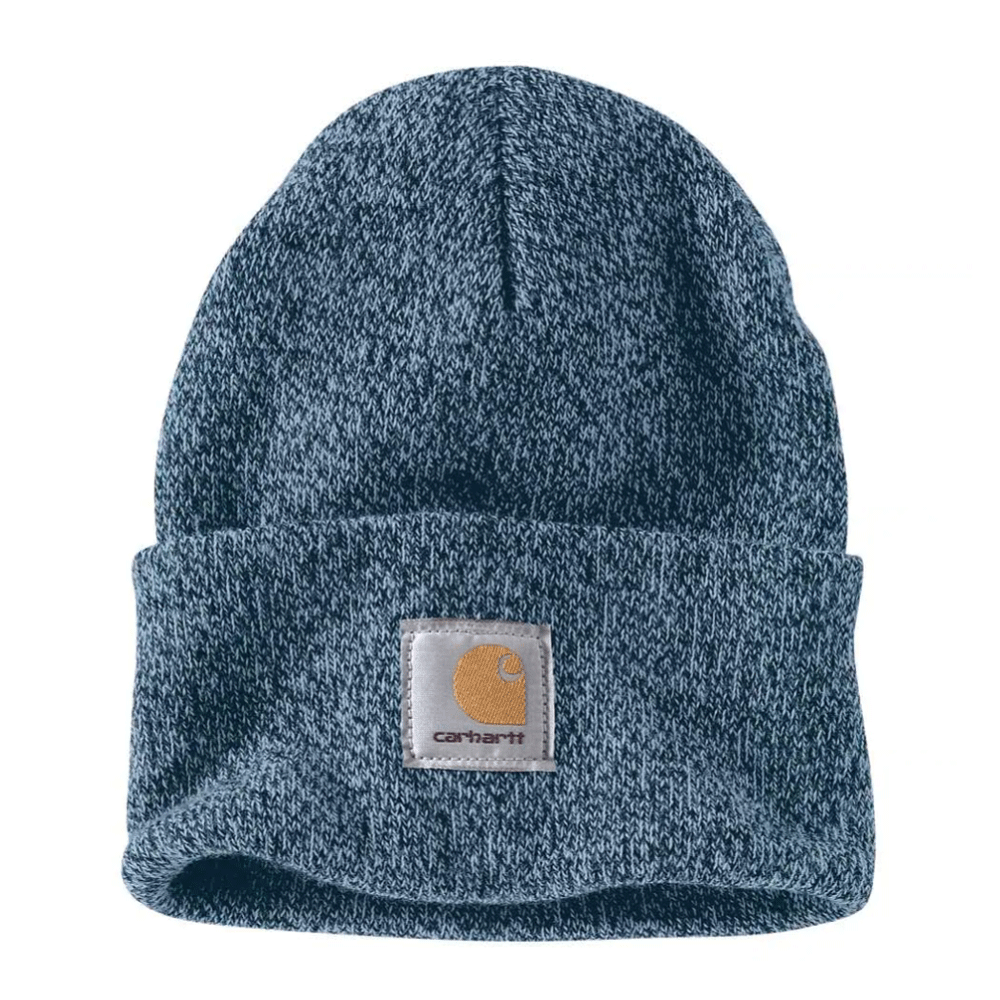 Black and white Carhartt A18 Watch knitted cuff beanie hat by Workwear Nation Ltd, showing cozy, stretchable knit fabric.