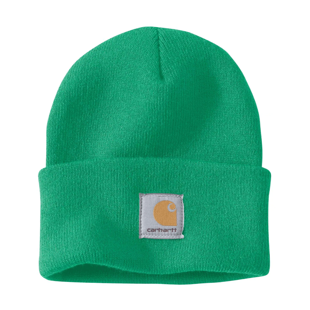 Black and white Carhartt A18 Watch knitted cuff beanie hat by Workwear Nation Ltd, featuring a cozy knit design and branded logo.