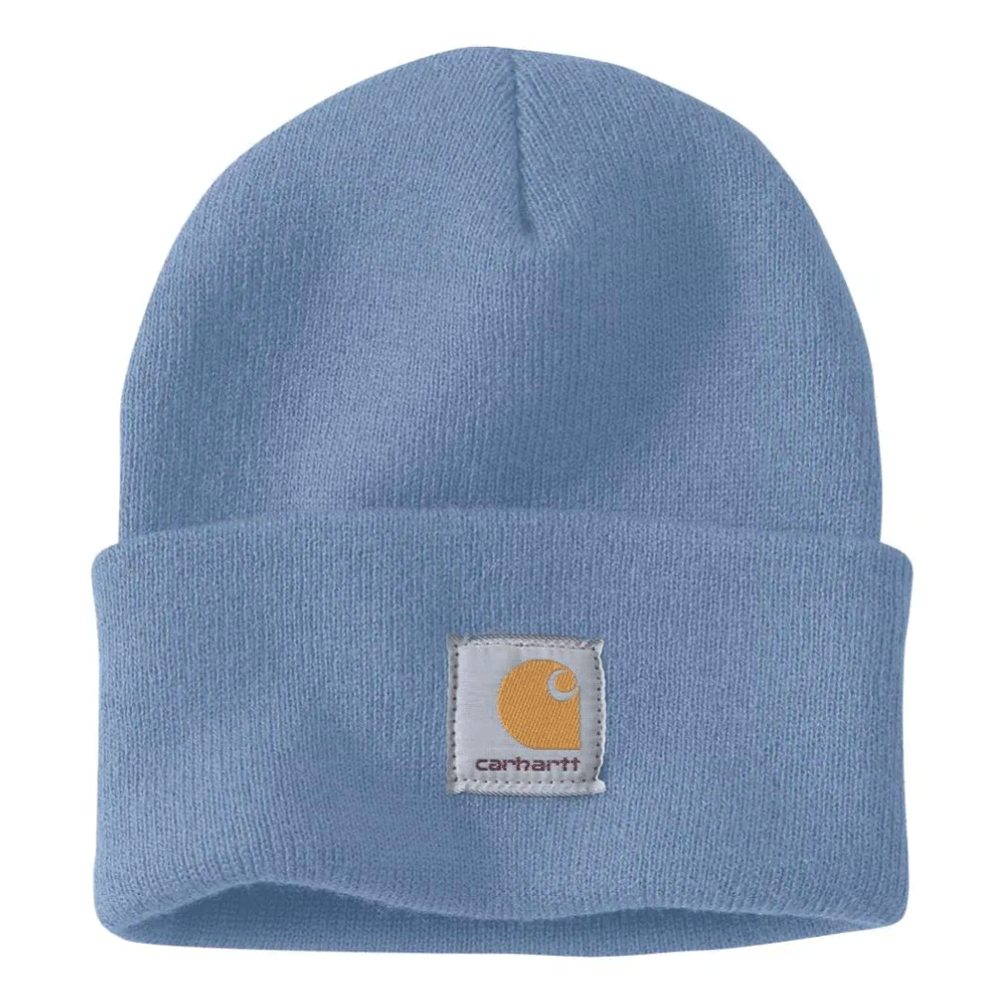 Black and white Carhartt A18 Watch knitted cuff beanie hat by Workwear Nation Ltd, featuring a cozy, ribbed knit design.