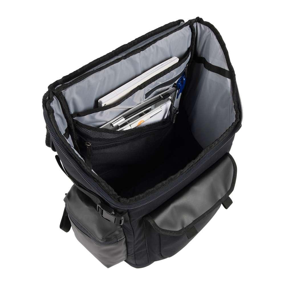 Black Carhartt nylon workday backpack with multiple compartments, designed for durability and daily work use.