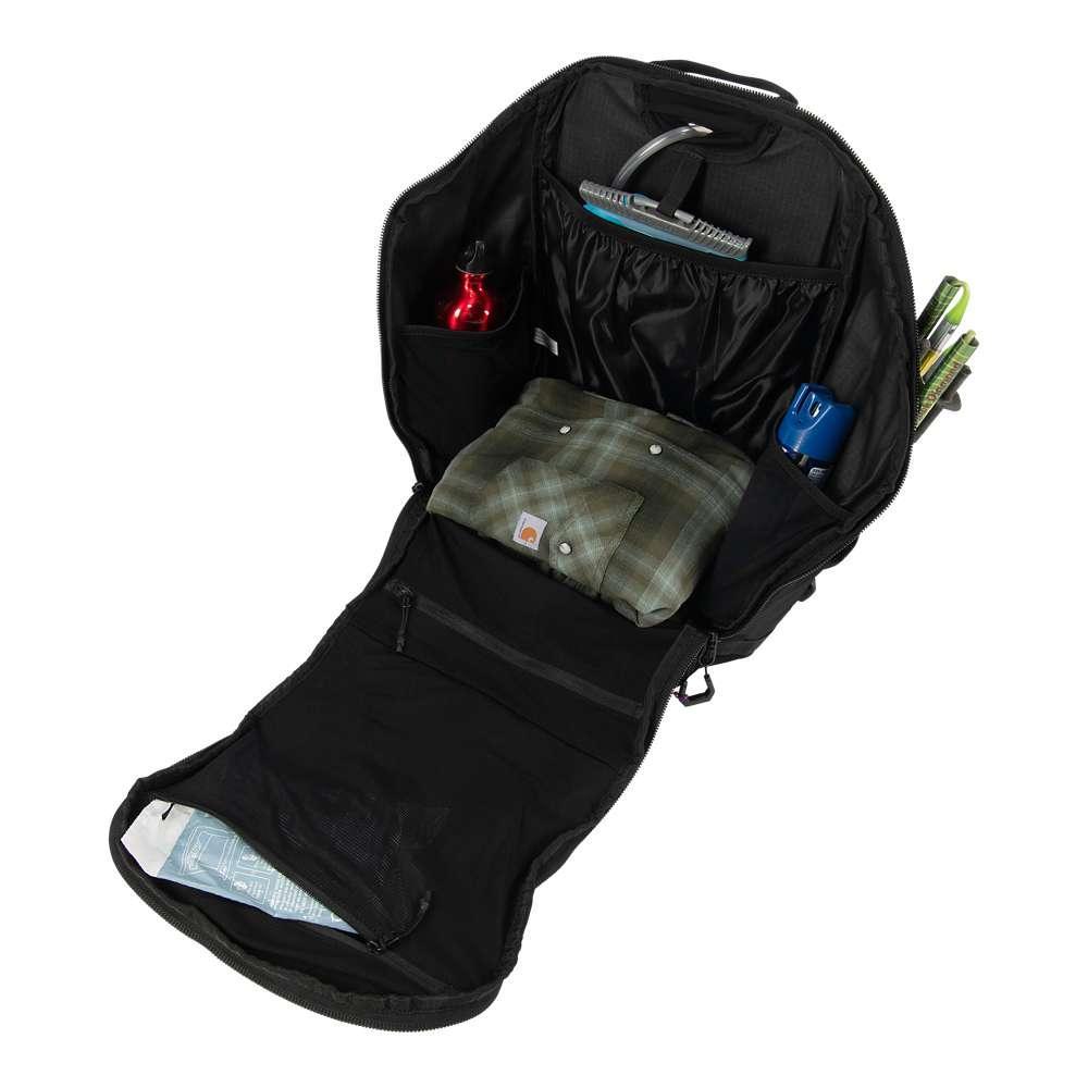 Black Carhartt B0000440 45L nylon frame hiking backpack with multiple compartments and adjustable straps, ideal for outdoor adventures.