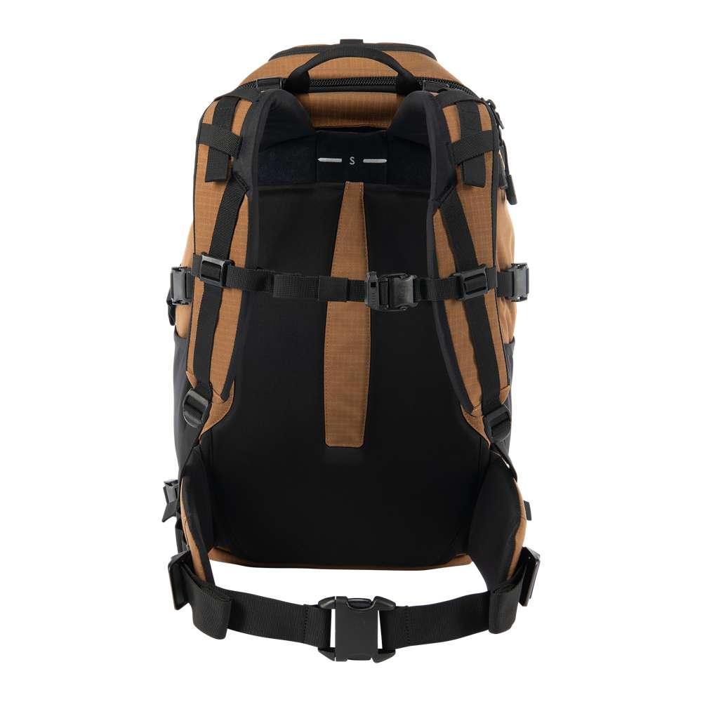 Black Carhartt 45L nylon frame hiking backpack with multiple compartments and adjustable straps, designed for outdoor adventures.