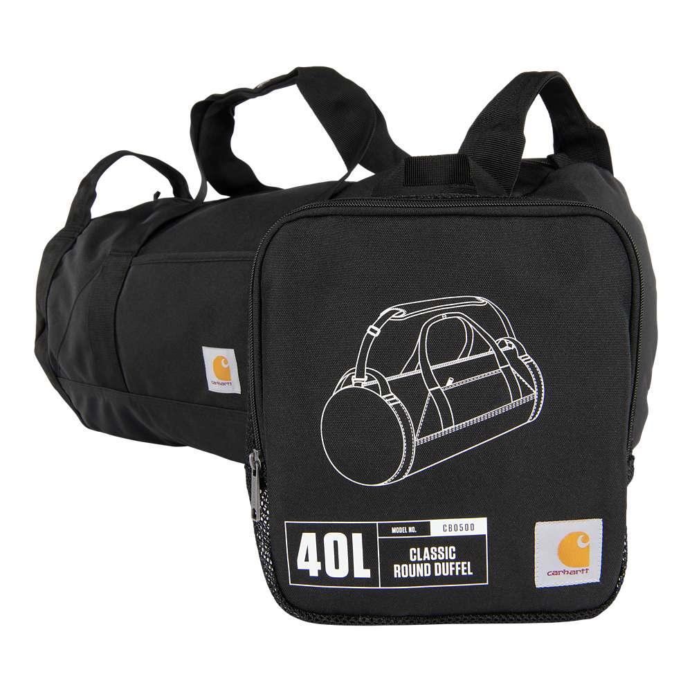 Black Carhartt 40L Classic Round Duffel Bag, Workwear Nation Ltd tool carrier with durable fabric and spacious design.