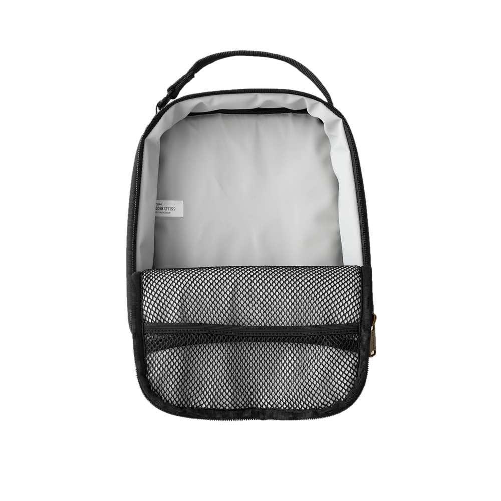 Black Carhartt insulated lunch cooler, tool carrier style, with sturdy handle and insulated interior for keeping food fresh.
