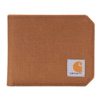 Black Carhartt nylon duck bifold wallet with leather accents, compact design, and multiple card slots for everyday use.
