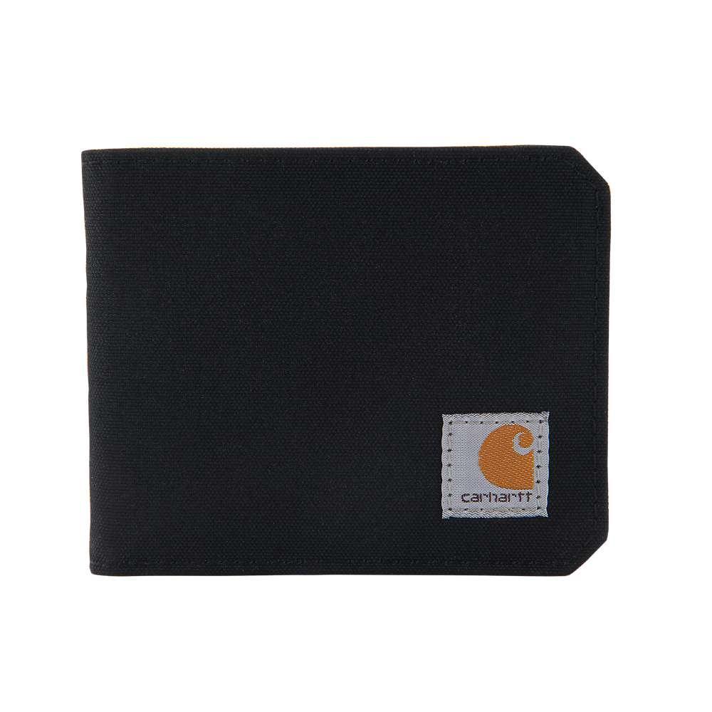 Black Carhartt nylon duck bifold wallet with multiple card slots and a cash compartment, designed for durability and everyday use.