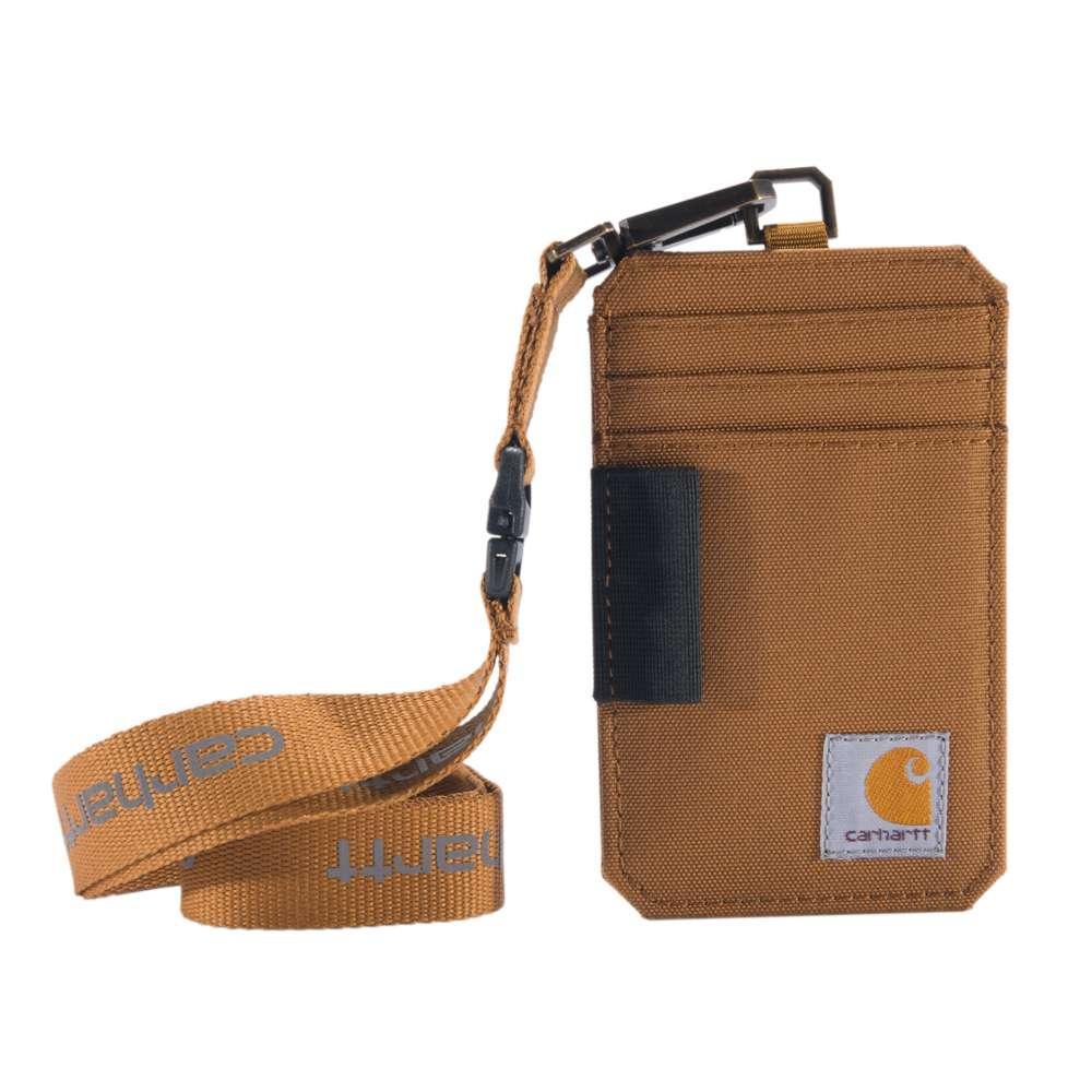 Black Carhartt nylon duck ID holder and lanyard, durable workwear wallet with clear ID window and secure clip.