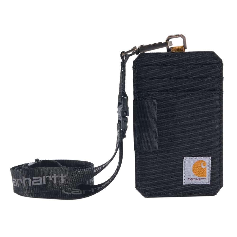 Black Carhartt nylon duck ID holder and lanyard, durable workwear wallet with secure attachment for IDs and keys.