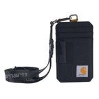 Black Carhartt nylon duck ID holder and lanyard, durable workwear wallet with secure attachment for IDs and keys.