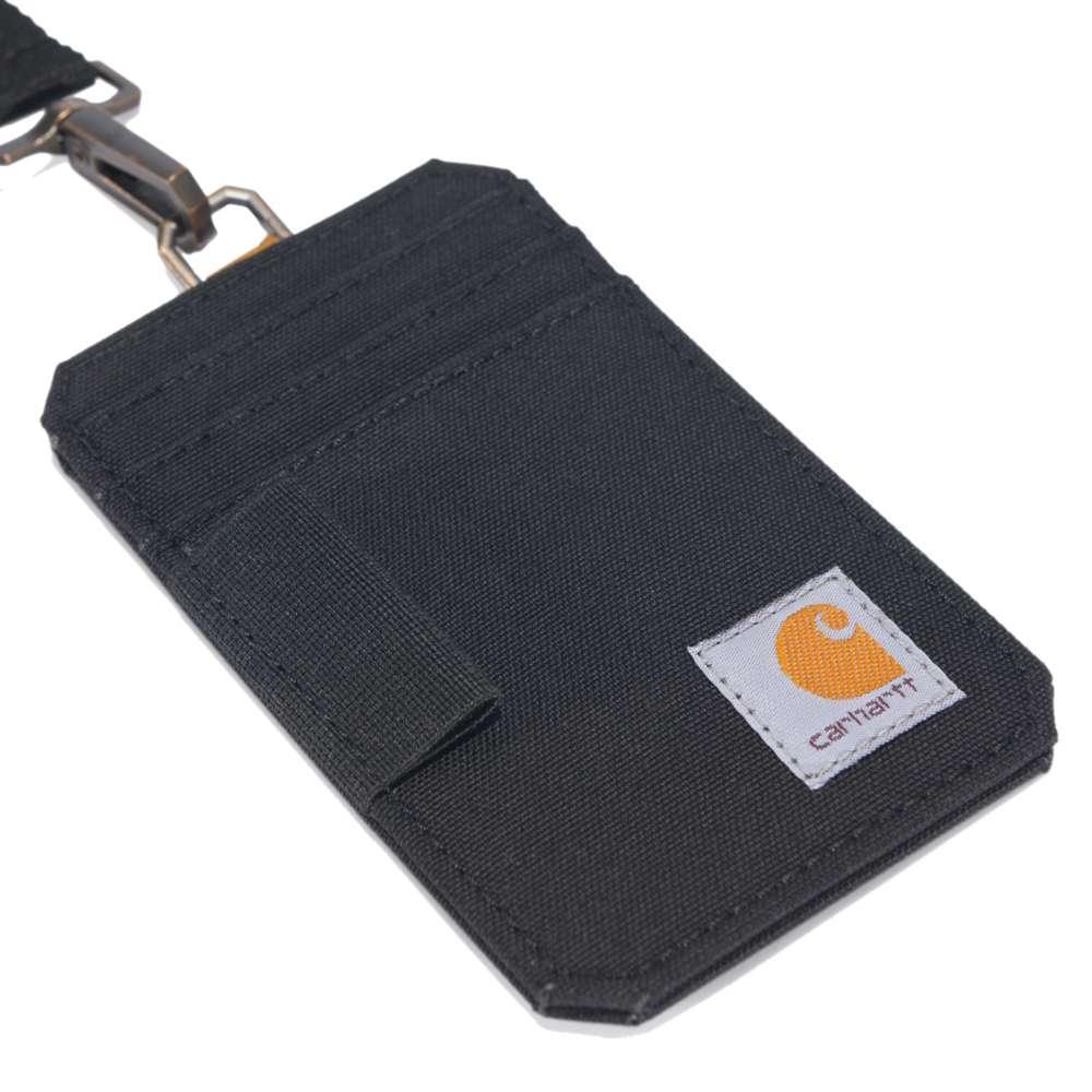 Black Carhartt nylon duck ID holder and lanyard, durable workwear wallet with clear ID window and secure clip.