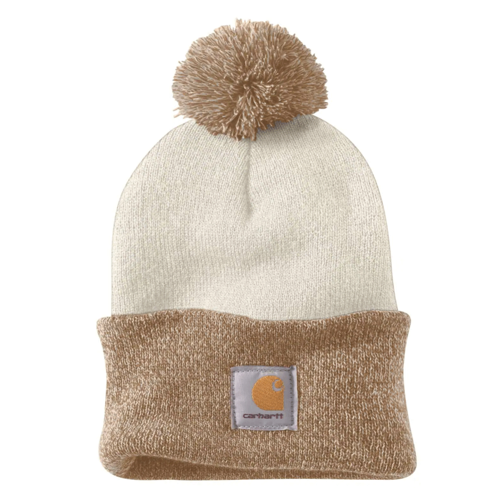 Carhartt women's knit beanie hat with pom-pom and cuff, stylish headwear by Workwear Nation Ltd for cold weather.
