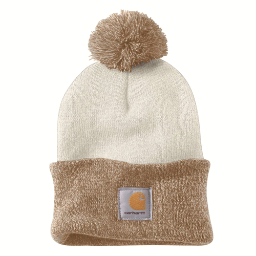 Carhartt women's knit beanie hat with pom-pom and cuff, stylish headwear by Workwear Nation Ltd for cold weather.