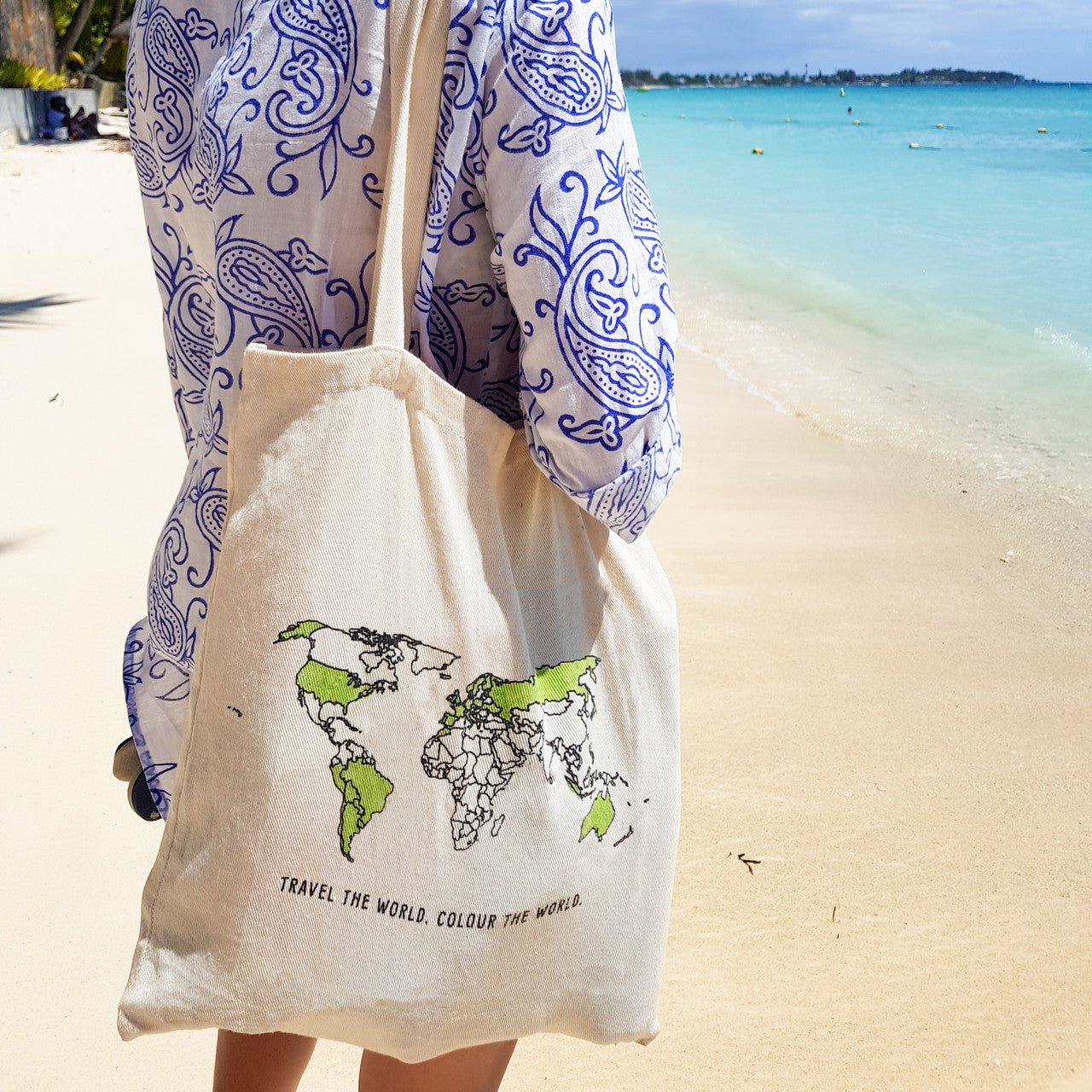Trouvaille World Map Colour In Travel Tote bag with vibrant map design, perfect for travel and everyday use.